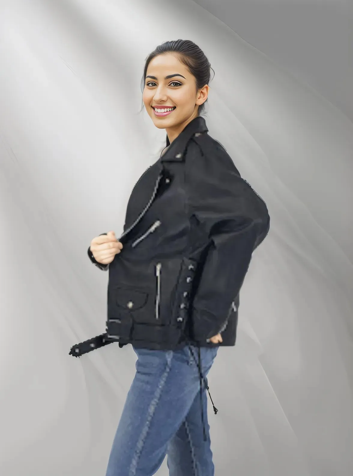 Handcrafted Women's Sheepskin Leather Biker Jacket – Premium Style Black