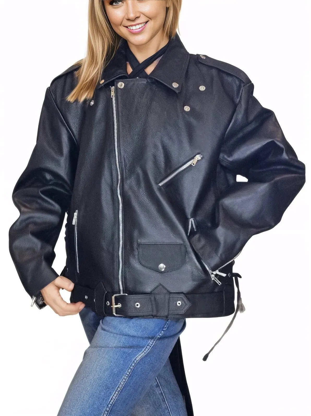 Handcrafted Women's Sheepskin Leather Biker Jacket – Premium Style Black
