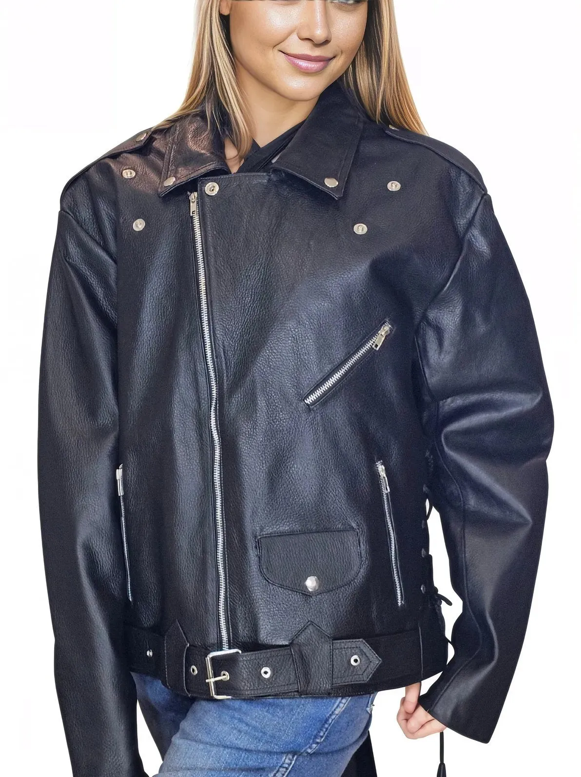 Handcrafted Women's Sheepskin Leather Biker Jacket – Premium Style Black