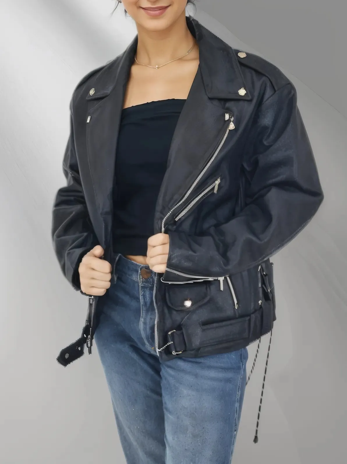 Handcrafted Women's Sheepskin Leather Biker Jacket – Premium Style Black
