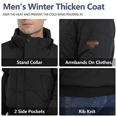 Heihuohua Men's Winter Thicken Warm Puffer Removable Hood Coat, Black, Large