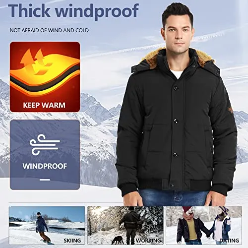 Heihuohua Men's Winter Thicken Warm Puffer Removable Hood Coat, Black, Large