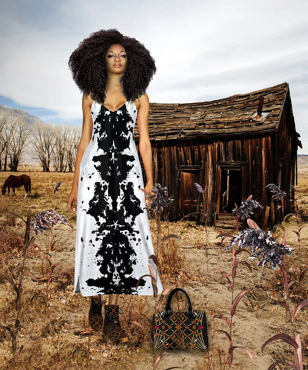 Ink Blot- 100% Silk Satin French Gothic V Neck Slip Dress in Back to Black | Le Leanian™