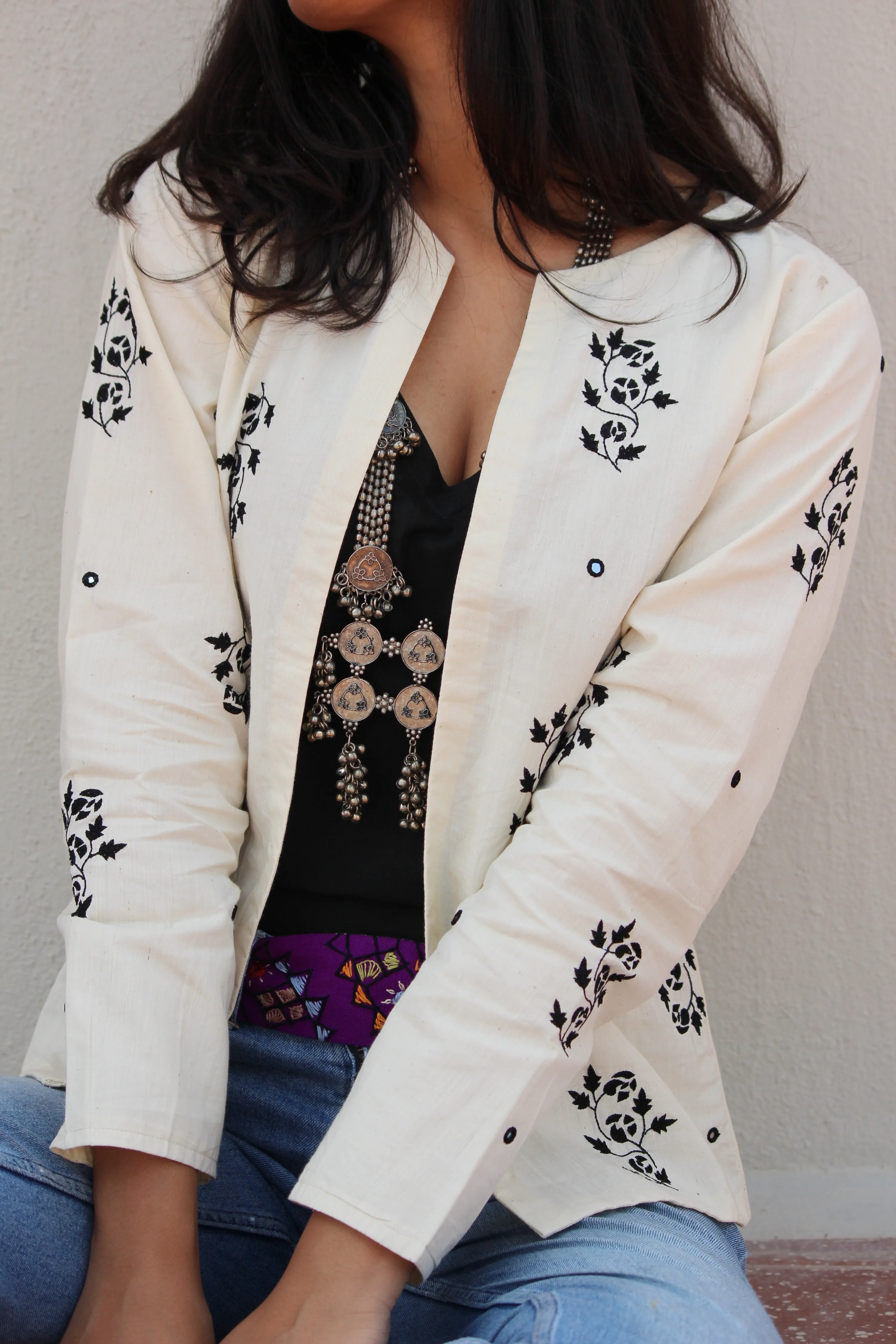 Ivory Black Embroidered Cropped Jacket