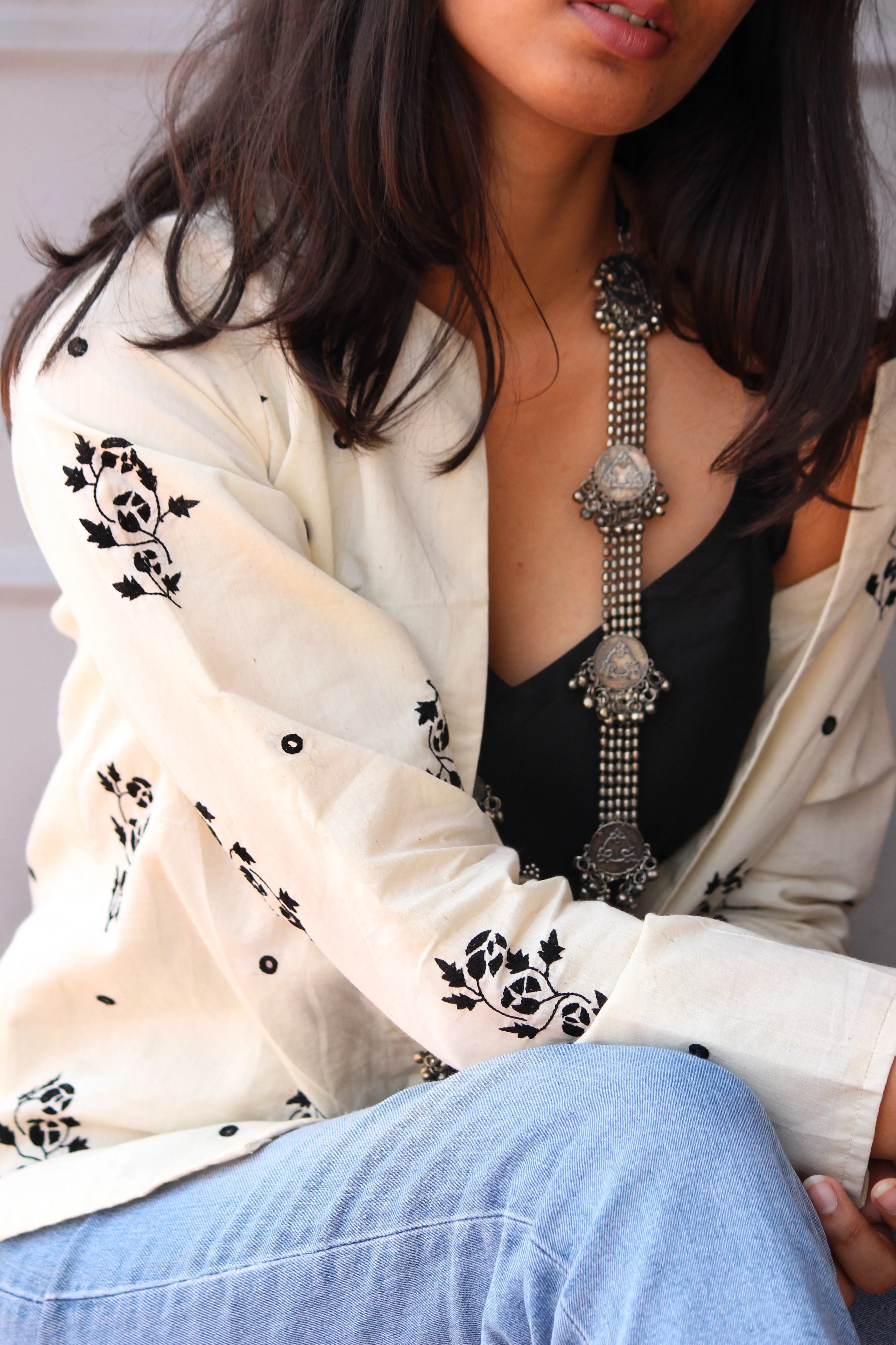 Ivory Black Embroidered Cropped Jacket