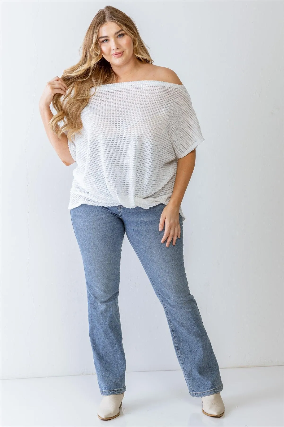 Junior Plus White Knit Off-The-Shoulder Wrap Detail Top /3-2-1