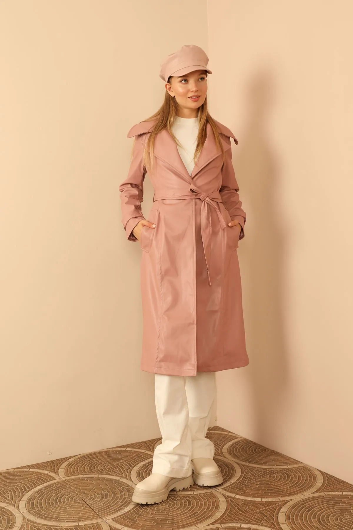 KKT Faux Leather Long Sleeve Shirt Collar Midi Women Trench Coat With Belt - Light Pink - Logroño
