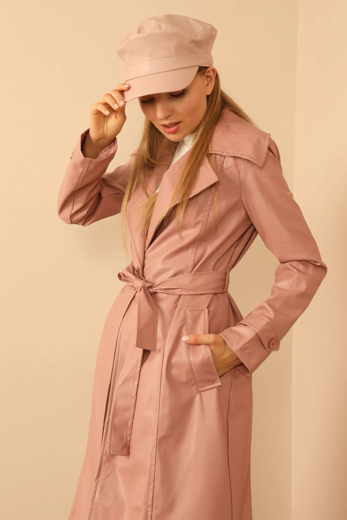 KKT Faux Leather Long Sleeve Shirt Collar Midi Women Trench Coat With Belt - Light Pink - Logroño