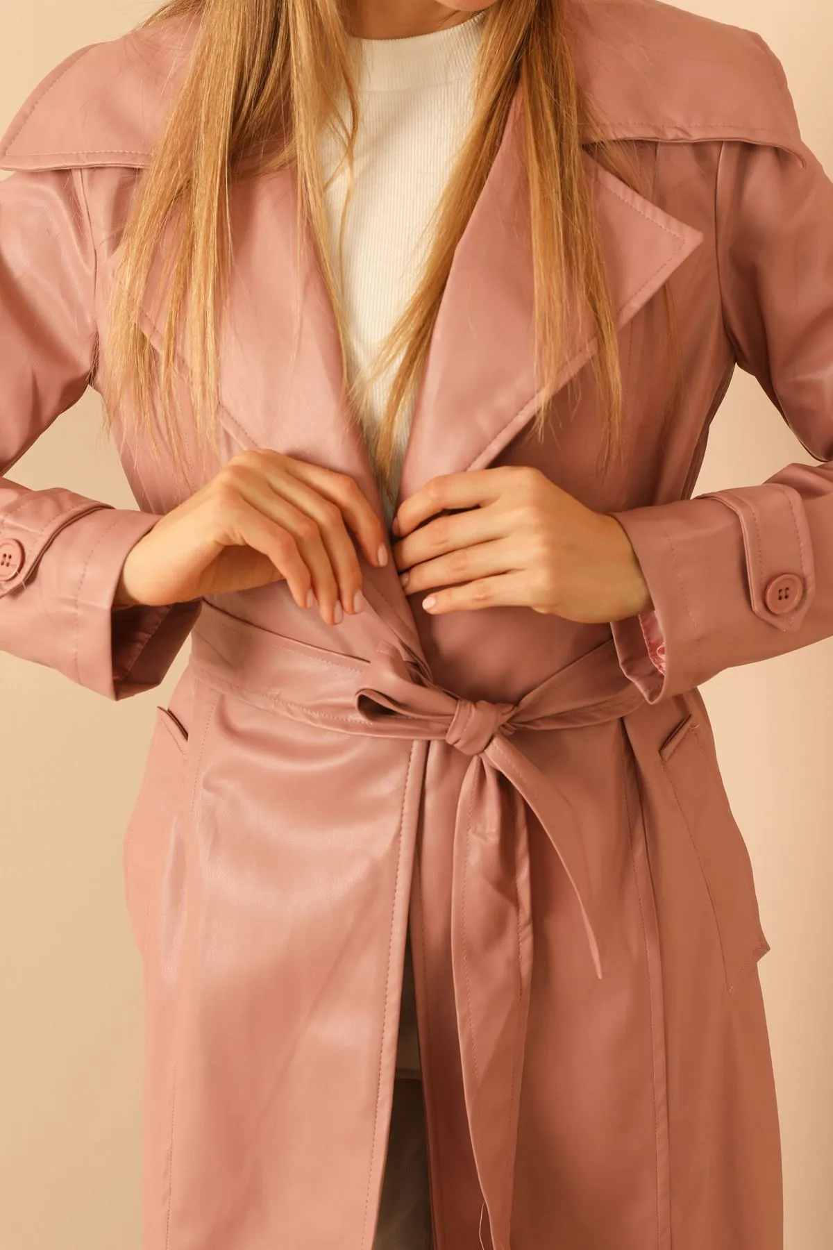 KKT Faux Leather Long Sleeve Shirt Collar Midi Women Trench Coat With Belt - Light Pink - Logroño