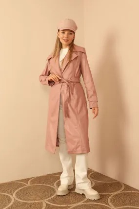 KKT Faux Leather Long Sleeve Shirt Collar Midi Women Trench Coat With Belt - Light Pink - Logroño