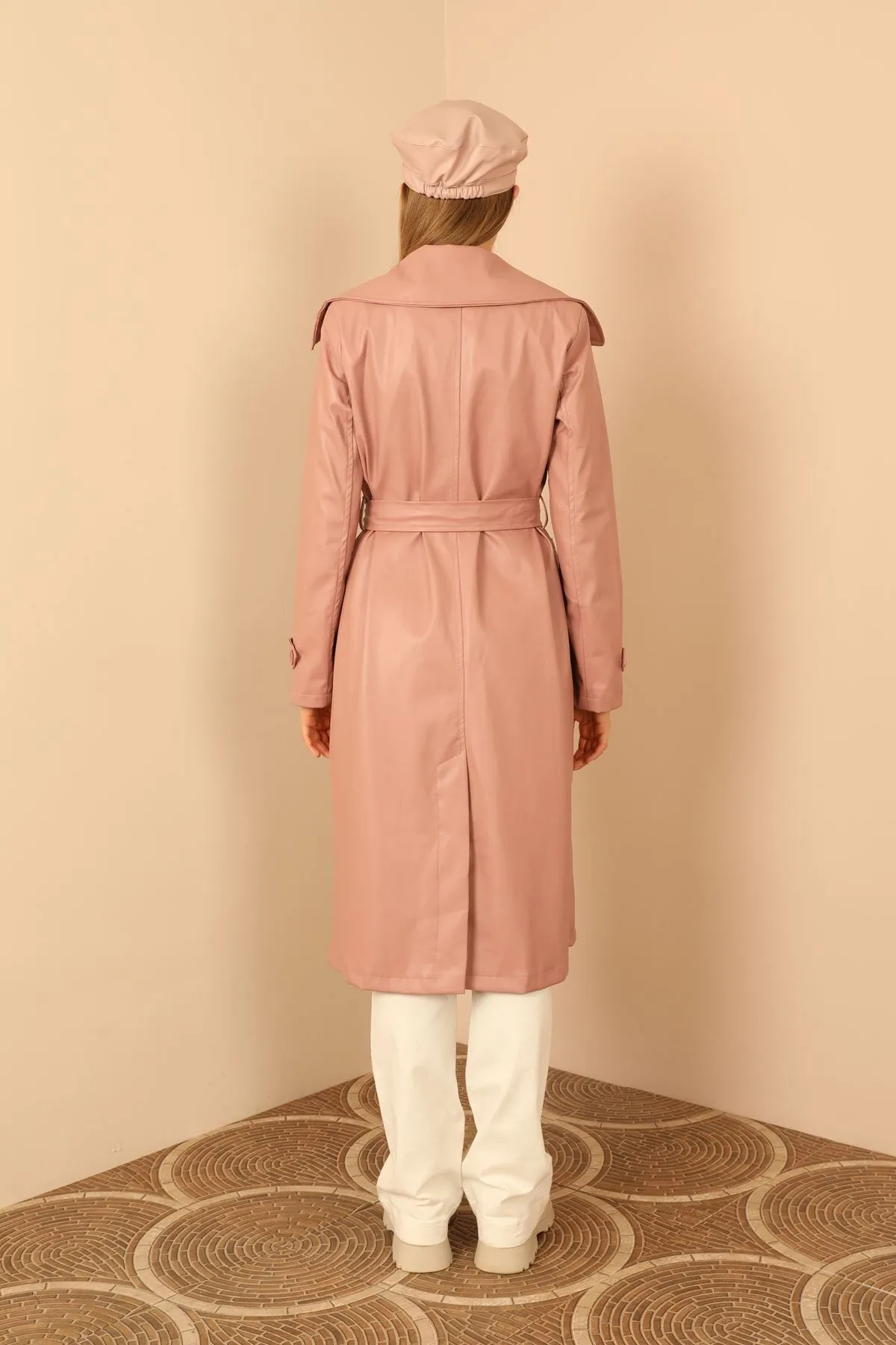 KKT Faux Leather Long Sleeve Shirt Collar Midi Women Trench Coat With Belt - Light Pink - Logroño