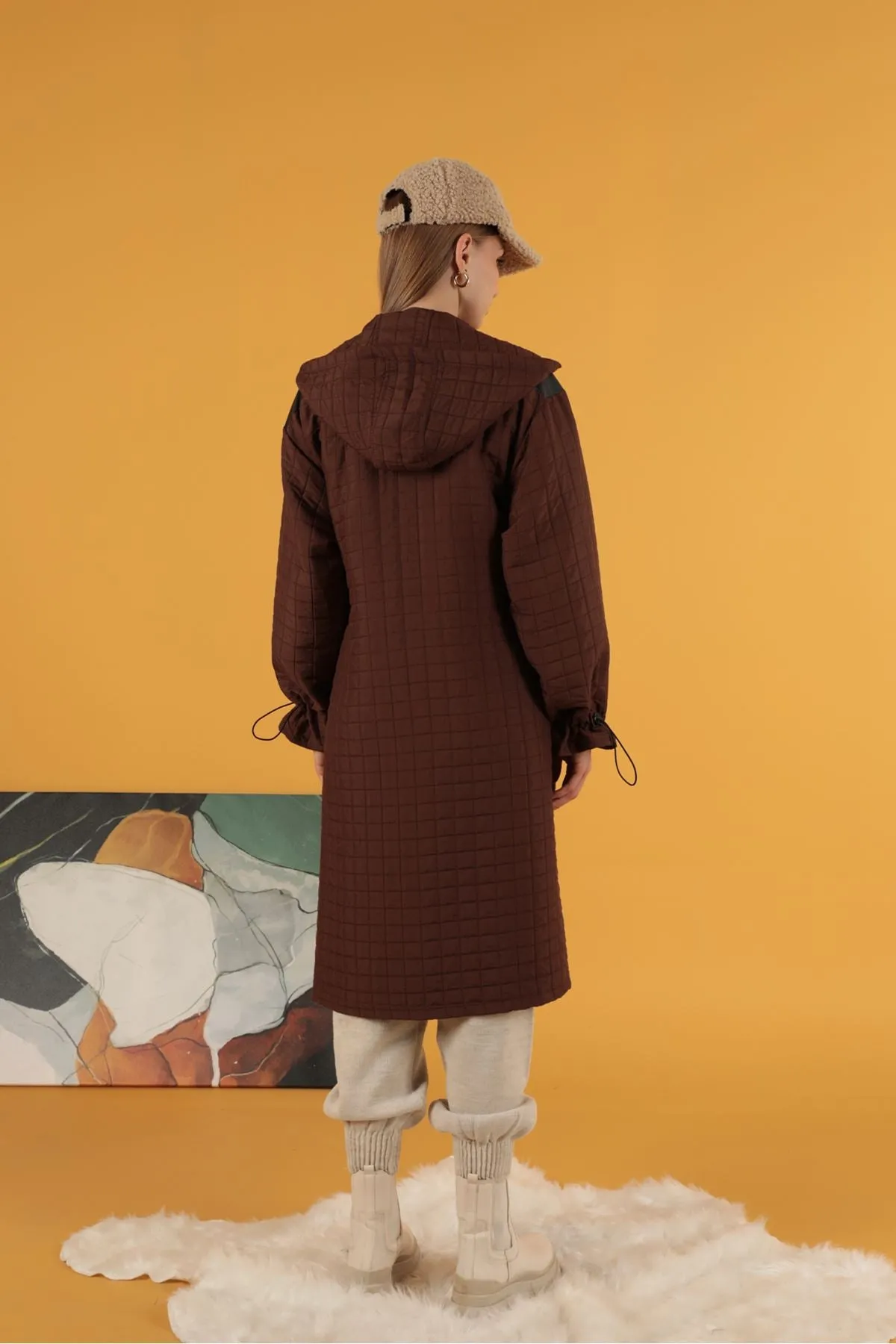 KKT Leather Fabric Jacquard Women's Trench Coat-Brown - Metz