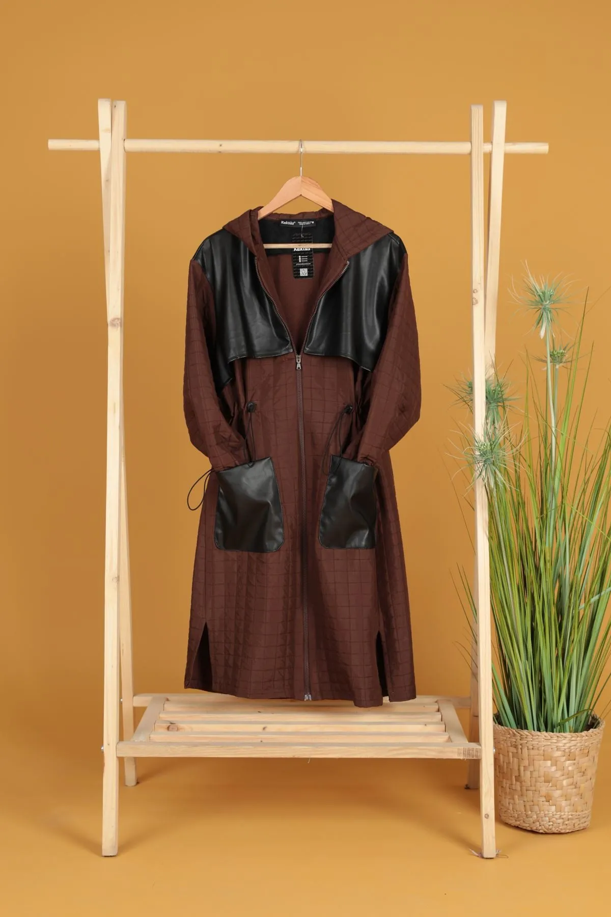 KKT Leather Fabric Jacquard Women's Trench Coat-Brown - Metz