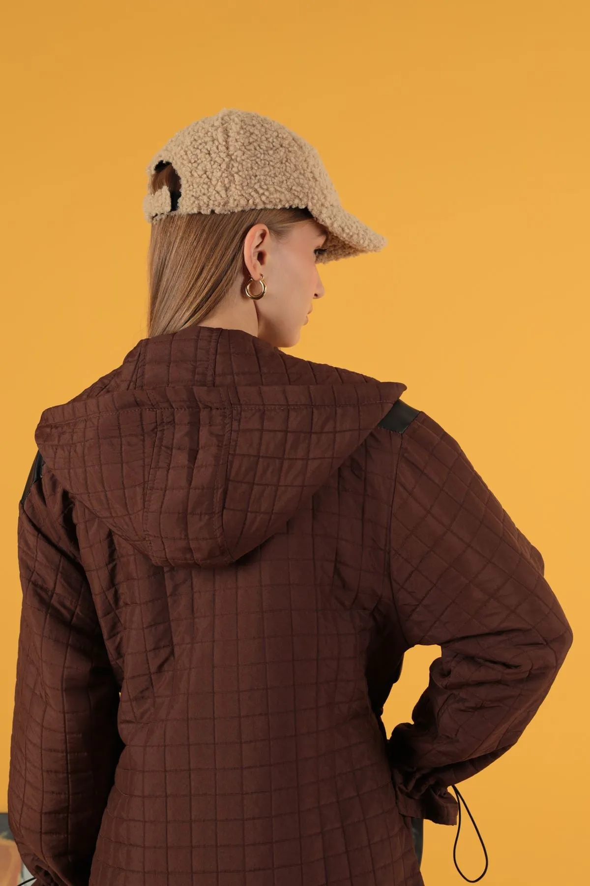 KKT Leather Fabric Jacquard Women's Trench Coat-Brown - Metz