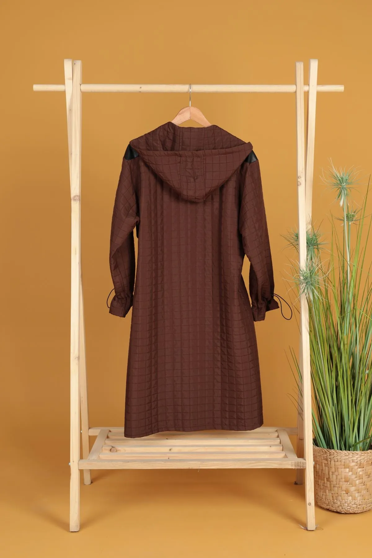KKT Leather Fabric Jacquard Women's Trench Coat-Brown - Metz