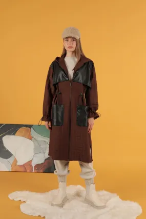 KKT Leather Fabric Jacquard Women's Trench Coat-Brown - Metz