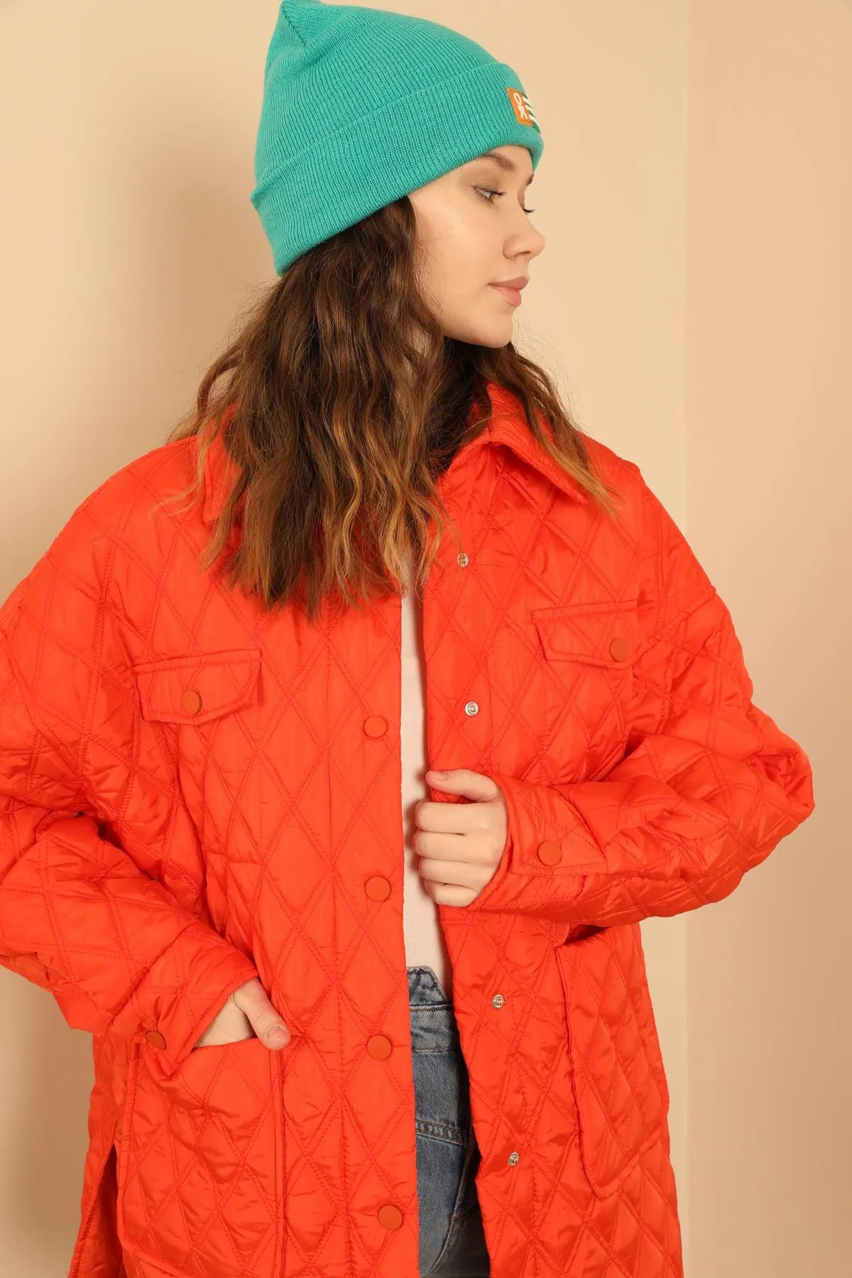 KKT Quilted Fabric Double Stitch Pattern Women Coats-Orange - Taunton