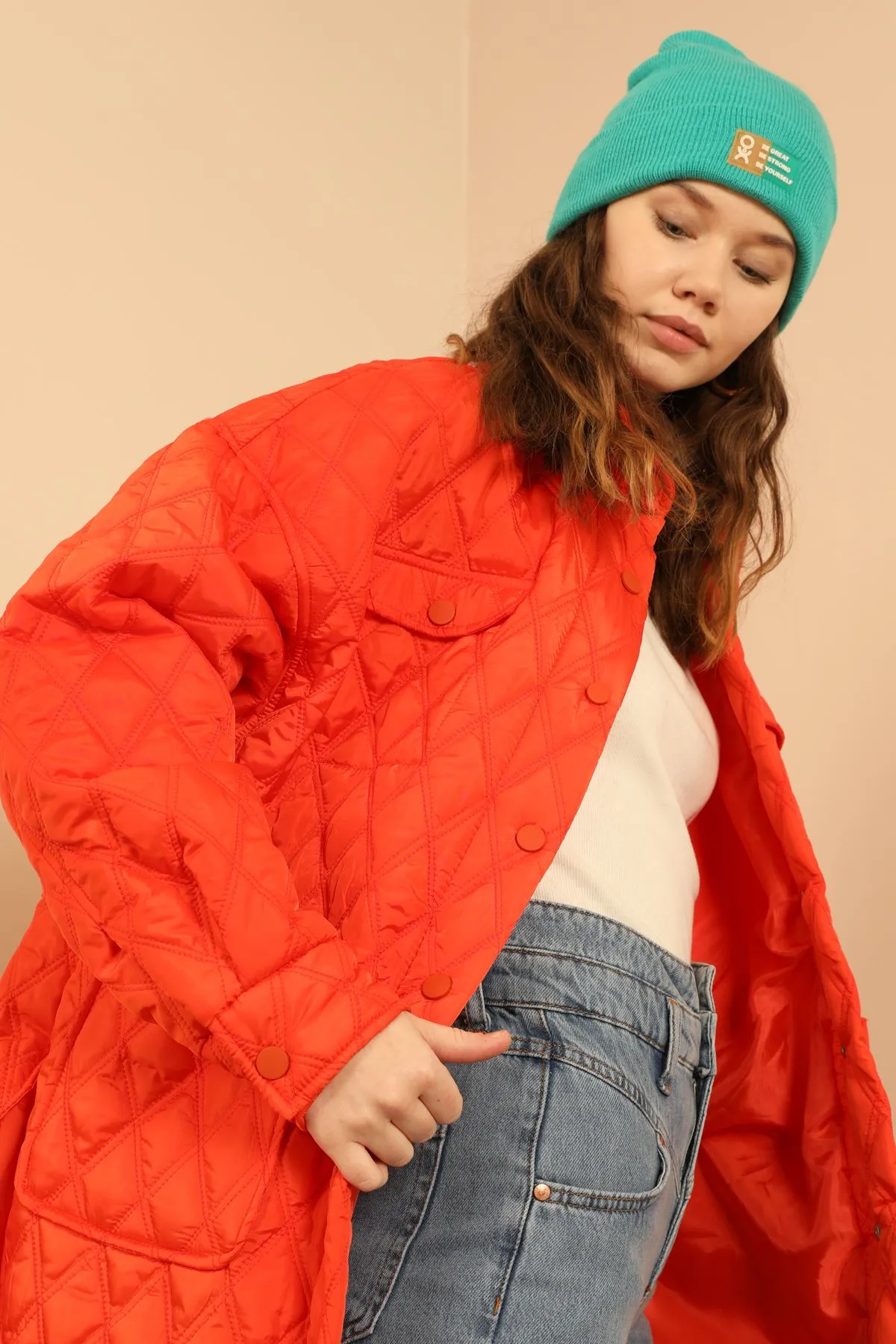 KKT Quilted Fabric Double Stitch Pattern Women Coats-Orange - Taunton