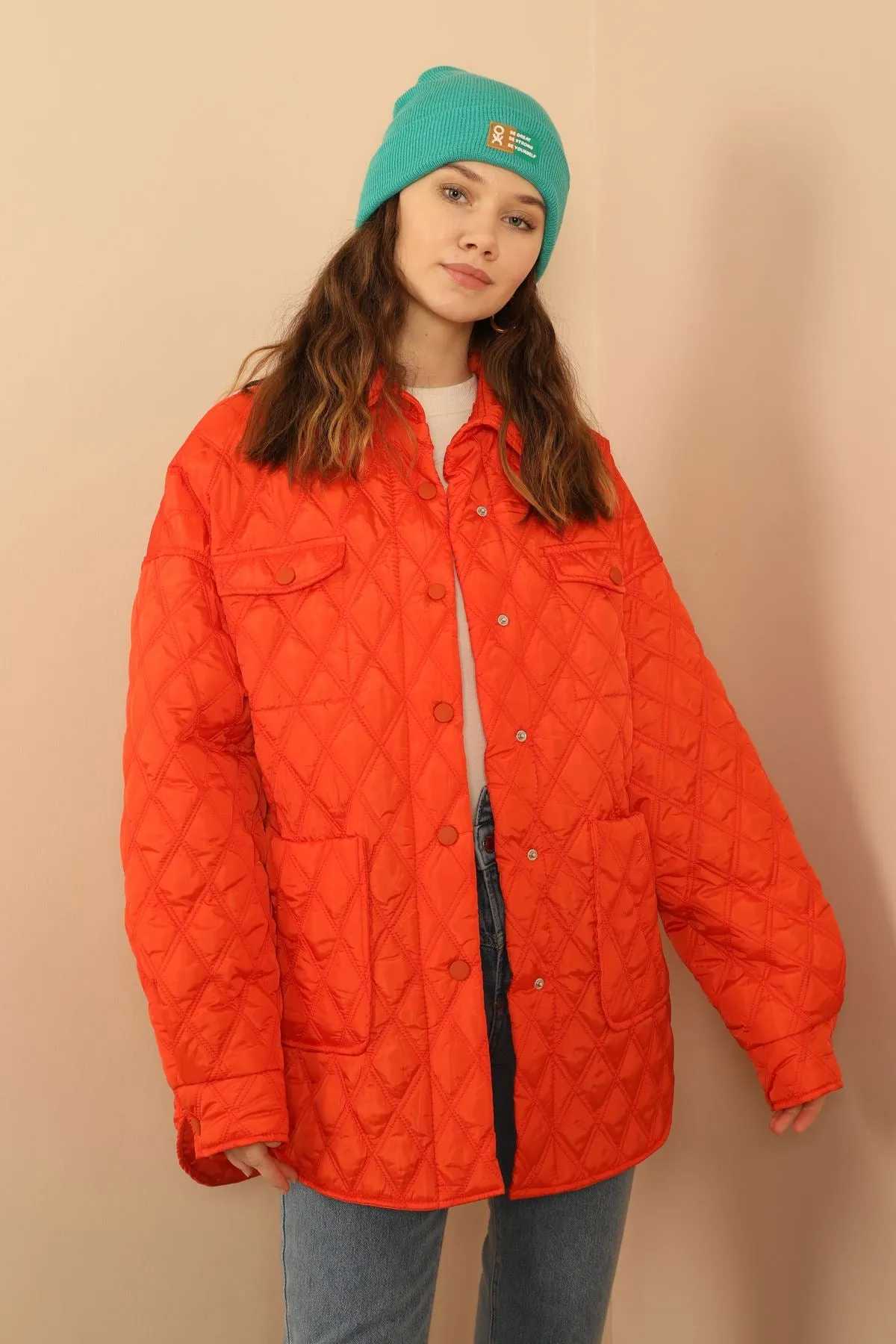 KKT Quilted Fabric Double Stitch Pattern Women Coats-Orange - Taunton