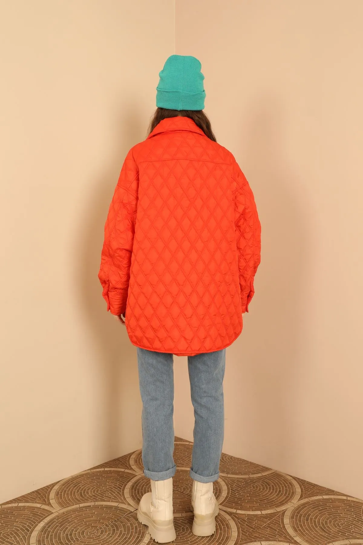 KKT Quilted Fabric Double Stitch Pattern Women Coats-Orange - Taunton