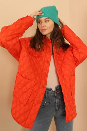 KKT Quilted Fabric Double Stitch Pattern Women Coats-Orange - Taunton