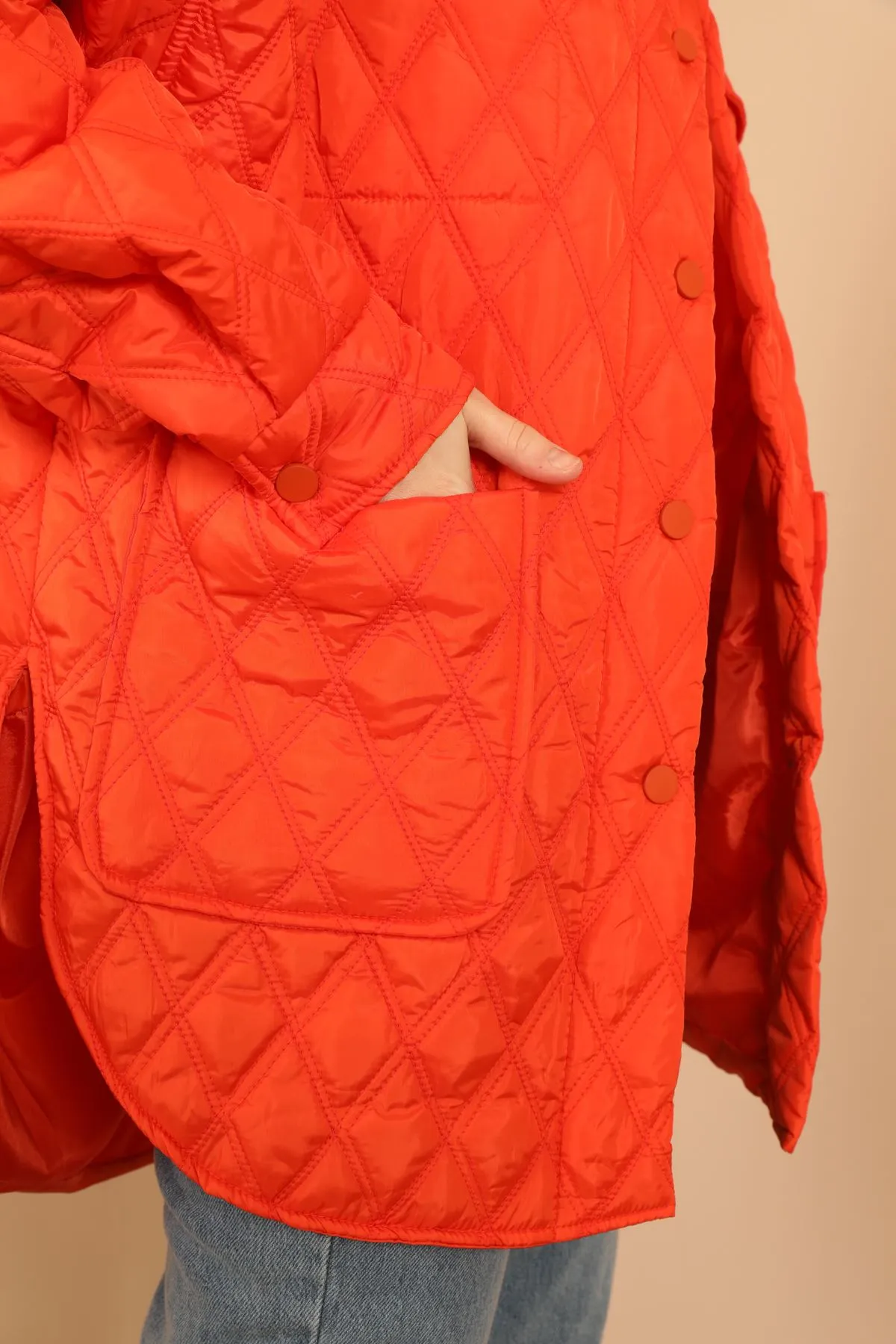 KKT Quilted Fabric Double Stitch Pattern Women Coats-Orange - Taunton