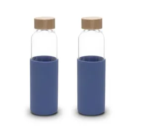 Kuber Industries Water Bottle | Glass Bottle | Sleeve Protection Bottle | Bamboo Lid Water Bottle | Travel Round Bottle | 550 ML | Set of 2 | Blue