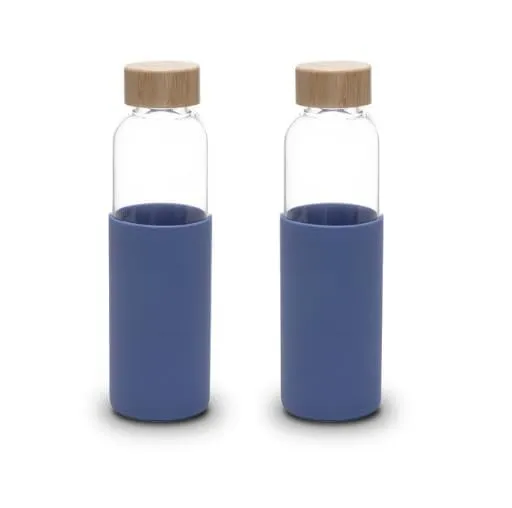 Kuber Industries Water Bottle | Glass Bottle | Sleeve Protection Bottle | Bamboo Lid Water Bottle | Travel Round Bottle | 550 ML | Set of 2 | Blue