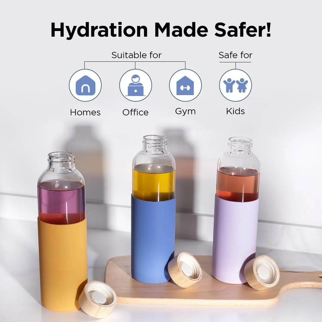 Kuber Industries Water Bottle | Glass Bottle | Sleeve Protection Bottle | Bamboo Lid Water Bottle | Travel Round Bottle | 550 ML | Set of 2 | Blue
