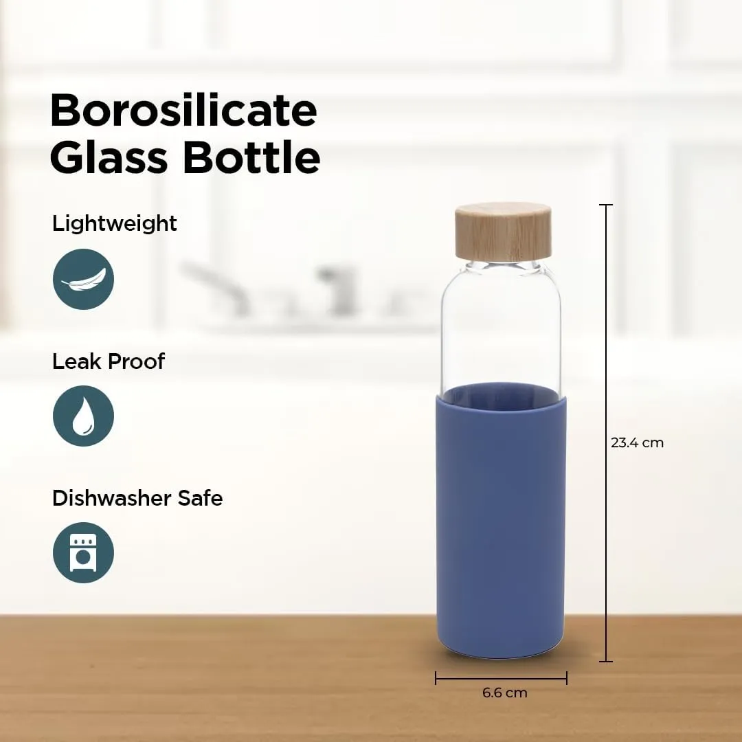 Kuber Industries Water Bottle | Glass Bottle | Sleeve Protection Bottle | Bamboo Lid Water Bottle | Travel Round Bottle | 550 ML | Set of 2 | Blue
