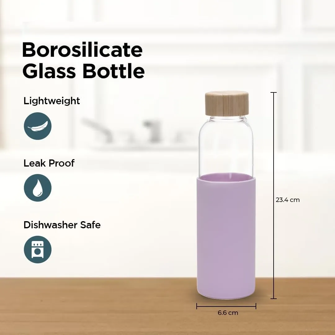 Kuber Industries Water Bottle | Glass Bottle | Sleeve Protection Bottle | Bamboo Lid Water Bottle | Travel Round Bottle | XB5501-PURP | 550 ML | Set of 3 | Purple