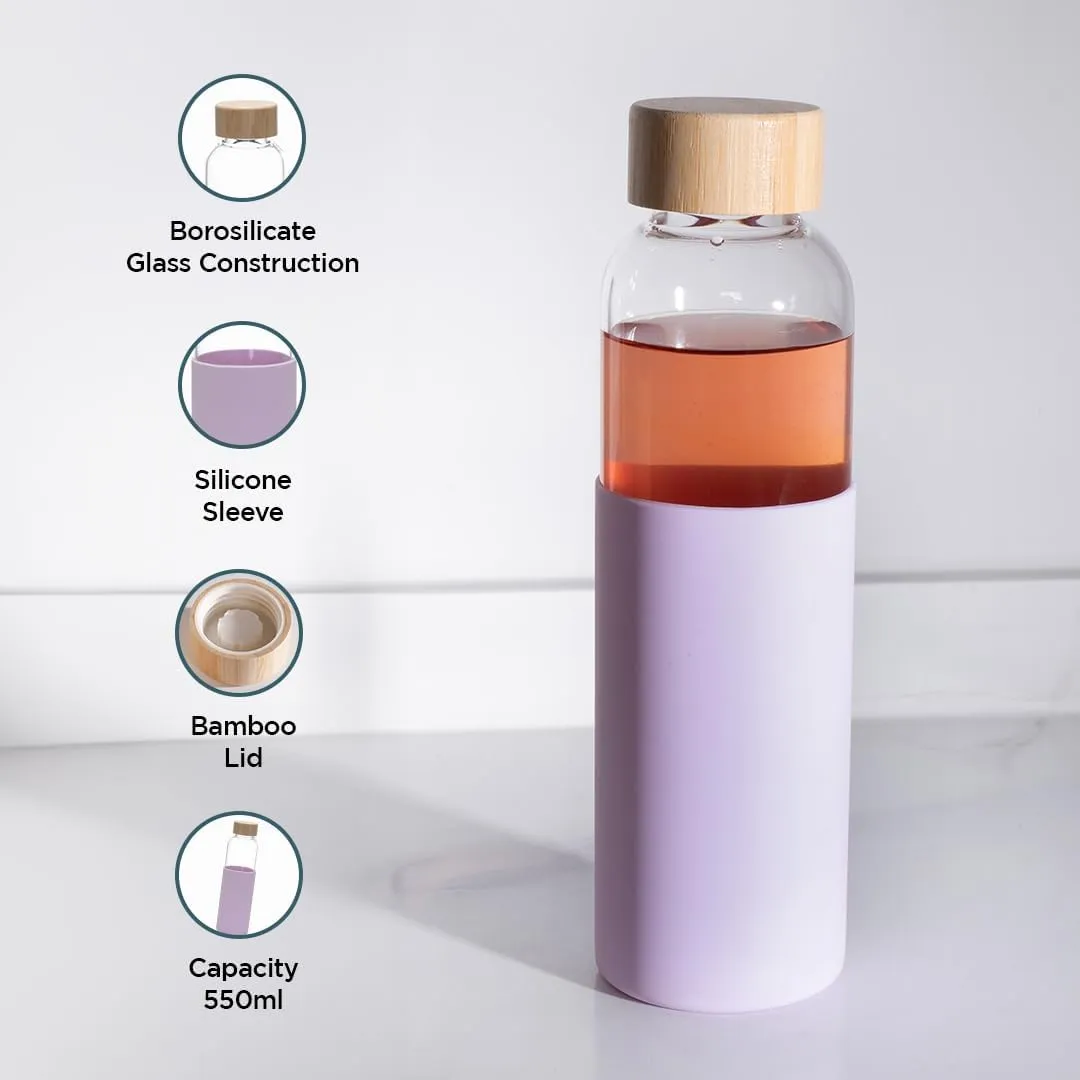 Kuber Industries Water Bottle | Glass Bottle | Sleeve Protection Bottle | Bamboo Lid Water Bottle | Travel Round Bottle | XB5501-PURP | 550 ML | Set of 3 | Purple
