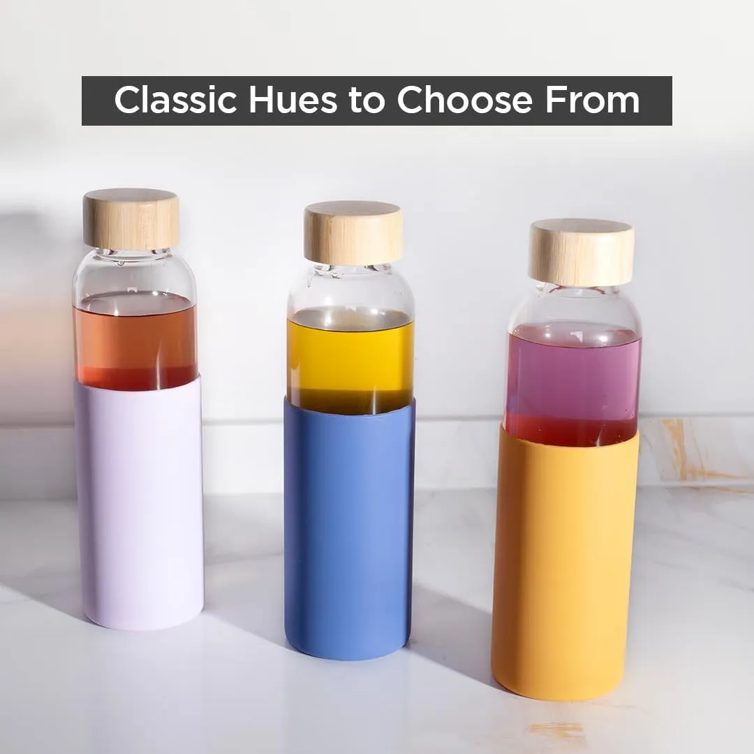 Kuber Industries Water Bottle | Glass Bottle | Sleeve Protection Bottle | Bamboo Lid Water Bottle | Travel Round Bottle | XB5501-PURP | 550 ML | Set of 3 | Purple