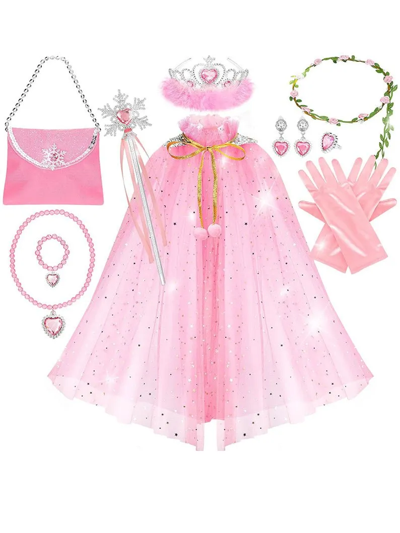 Light Up Princess Dress Up Cape for Little Girls With 10 Pcs Accessories