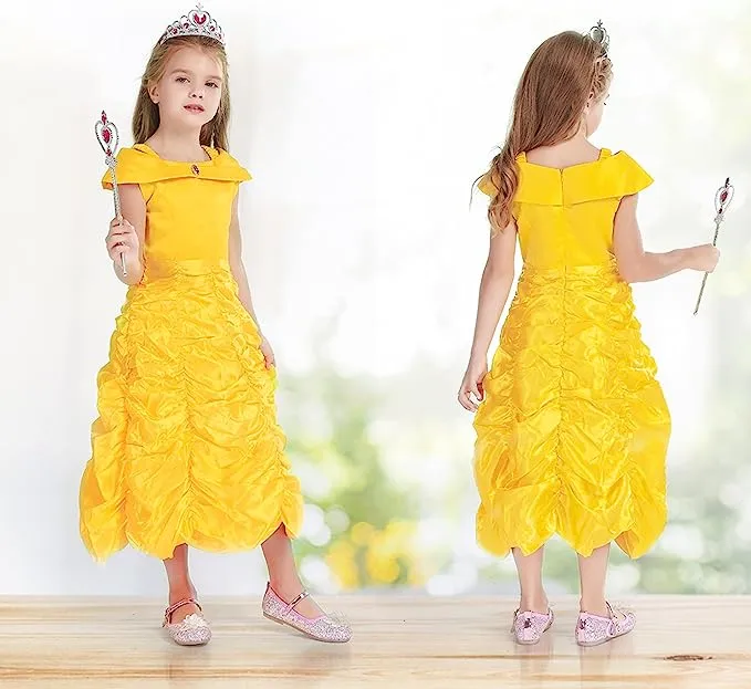 Little Girls Layered Princess Costume Yellow Belle Dress for Party Prom Halloween Christmas
