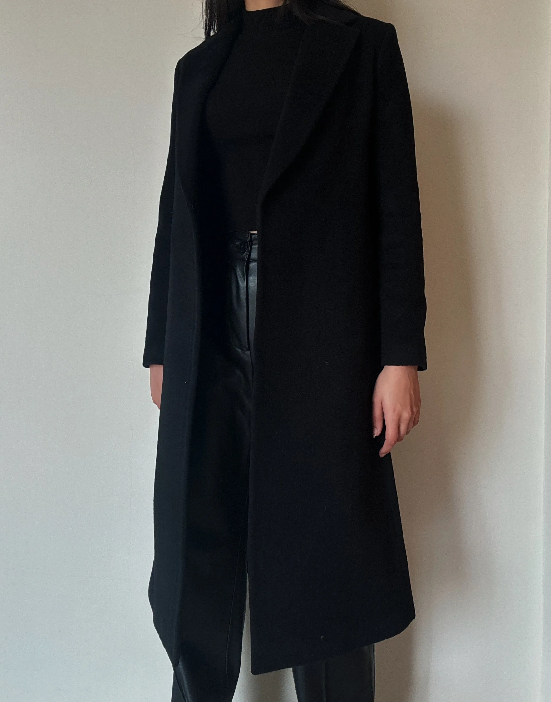 Long Black Open Coat (78% Wool)