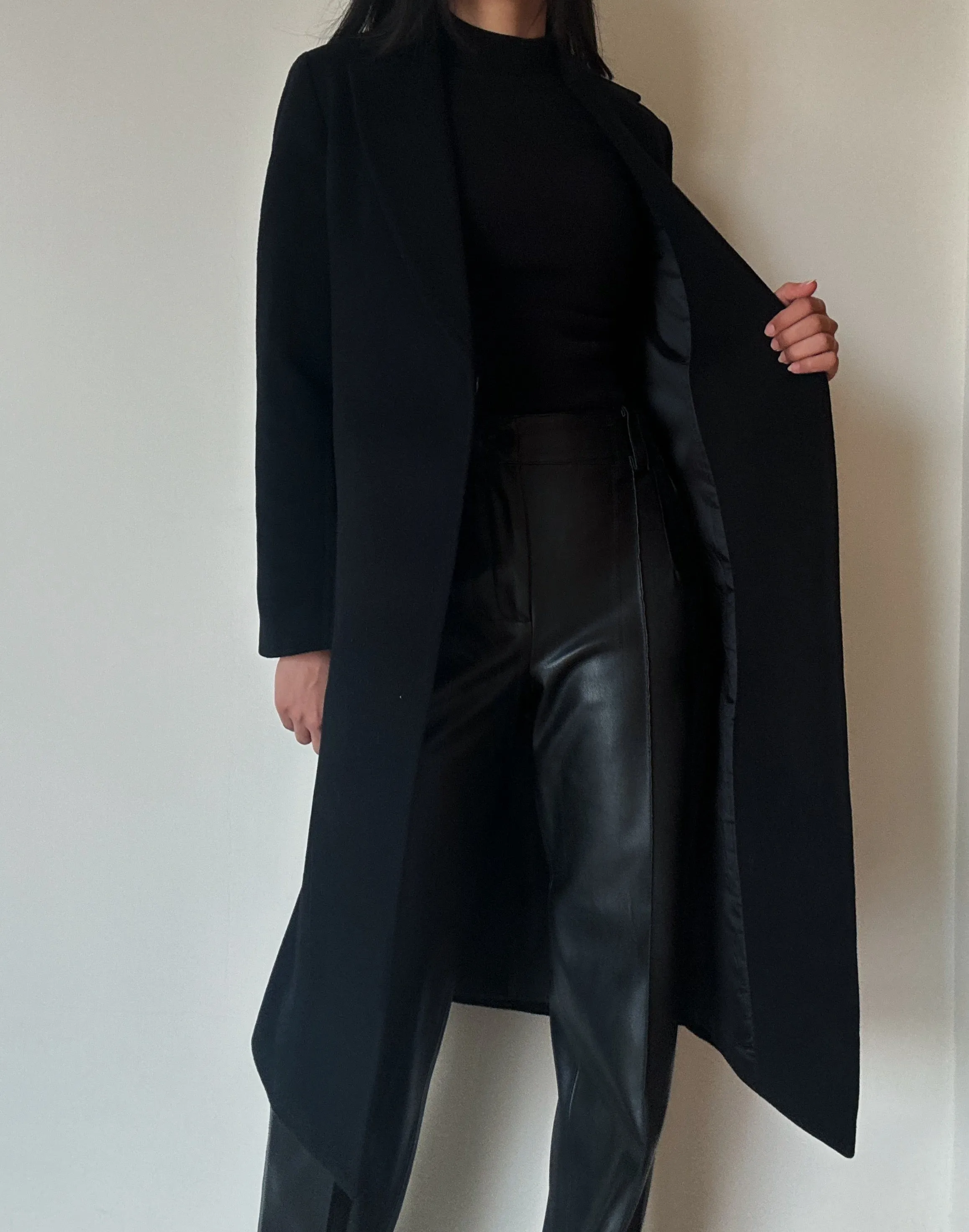 Long Black Open Coat (78% Wool)