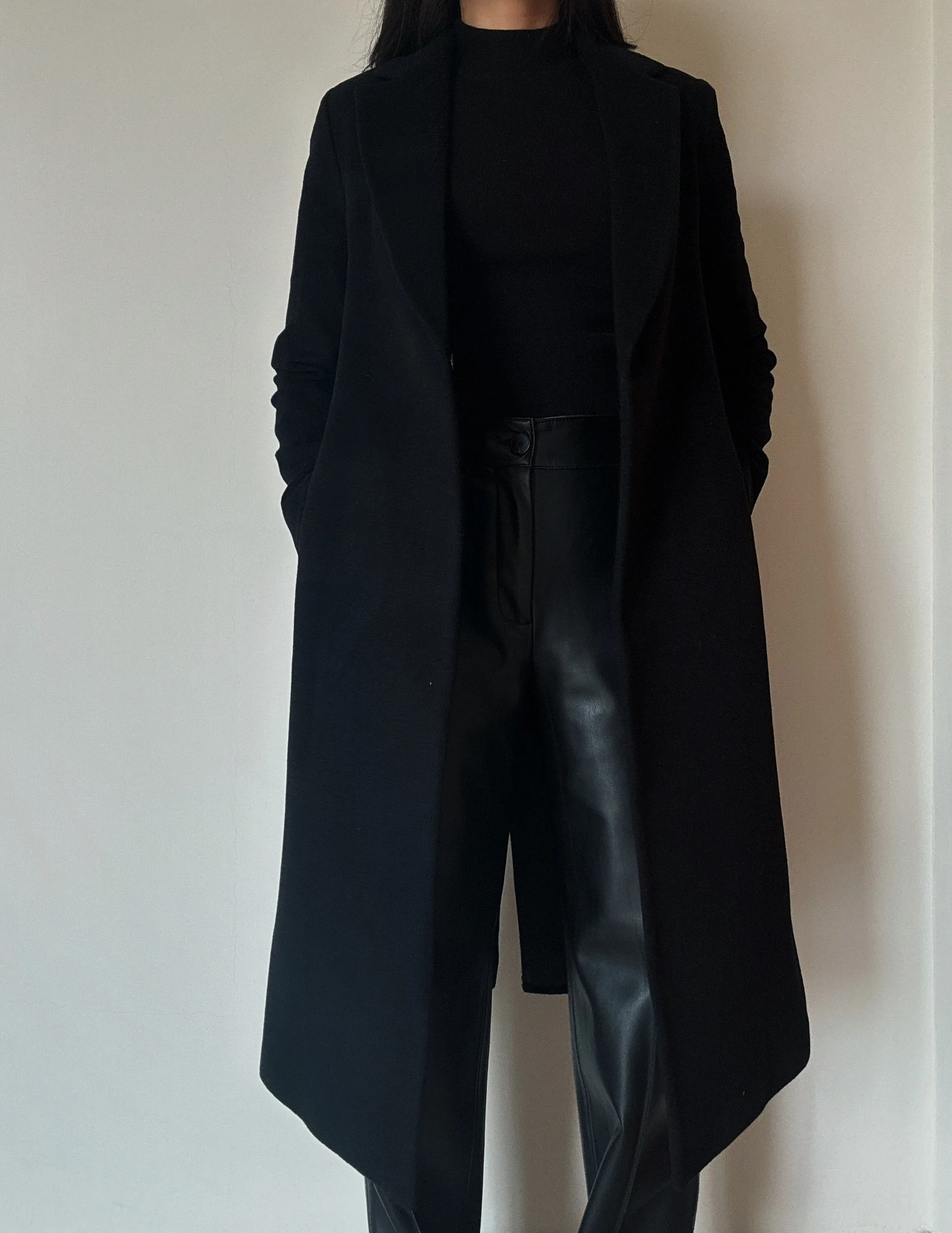 Long Black Open Coat (78% Wool)