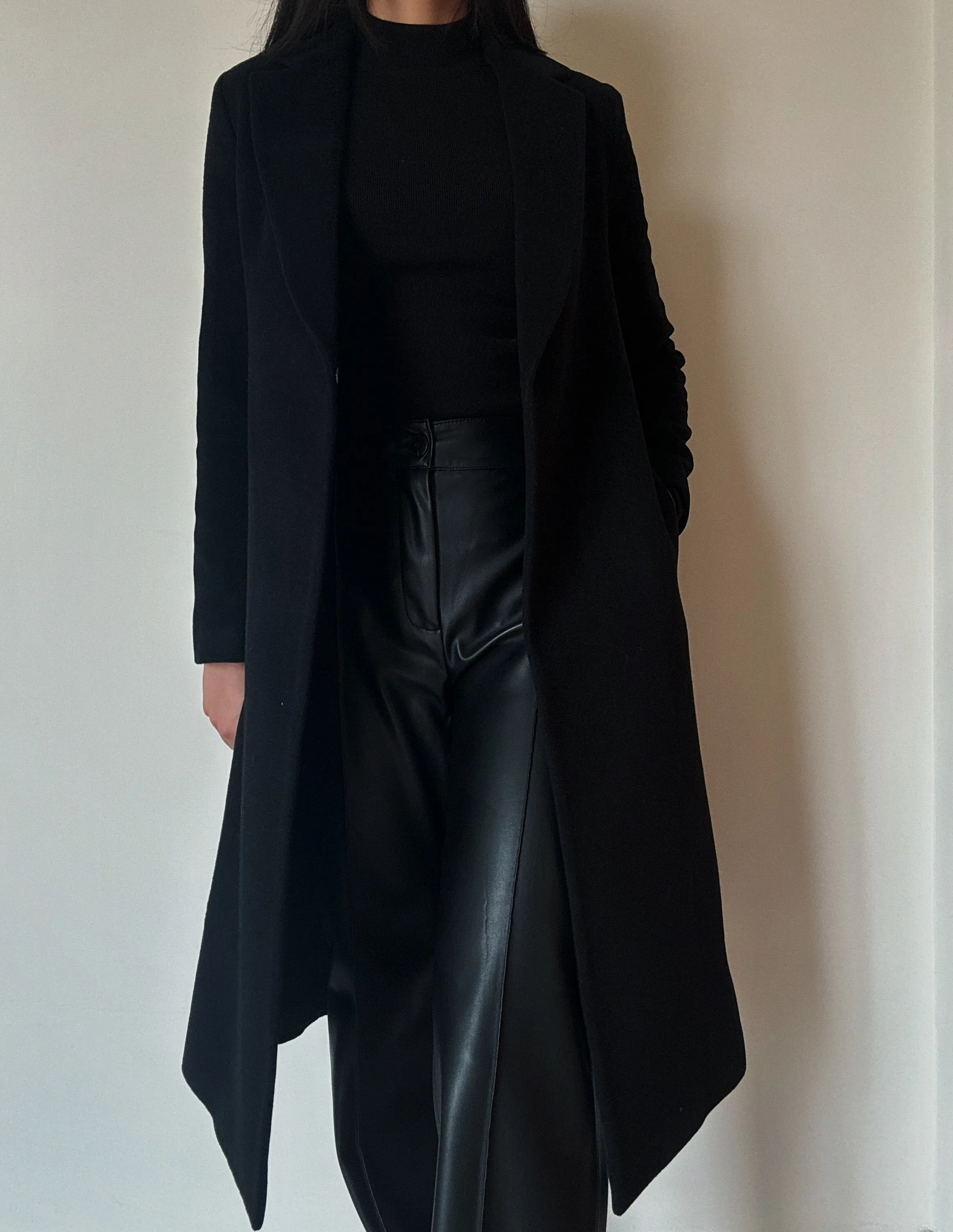 Long Black Open Coat (78% Wool)