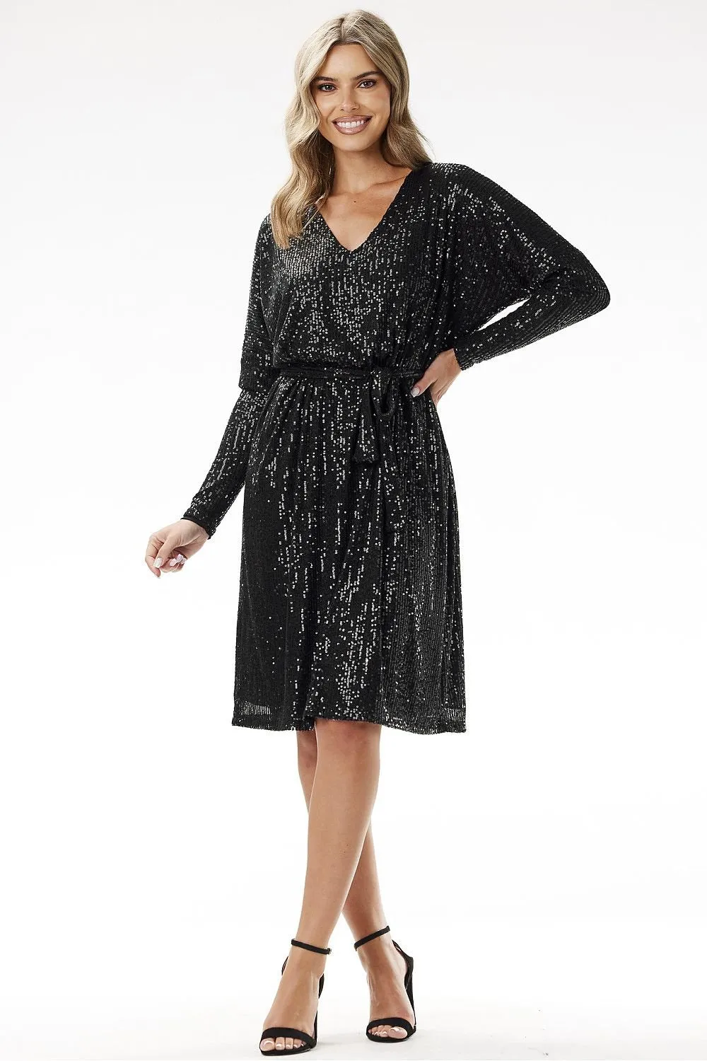 Long sleeves sequin trapeze cut evening dress