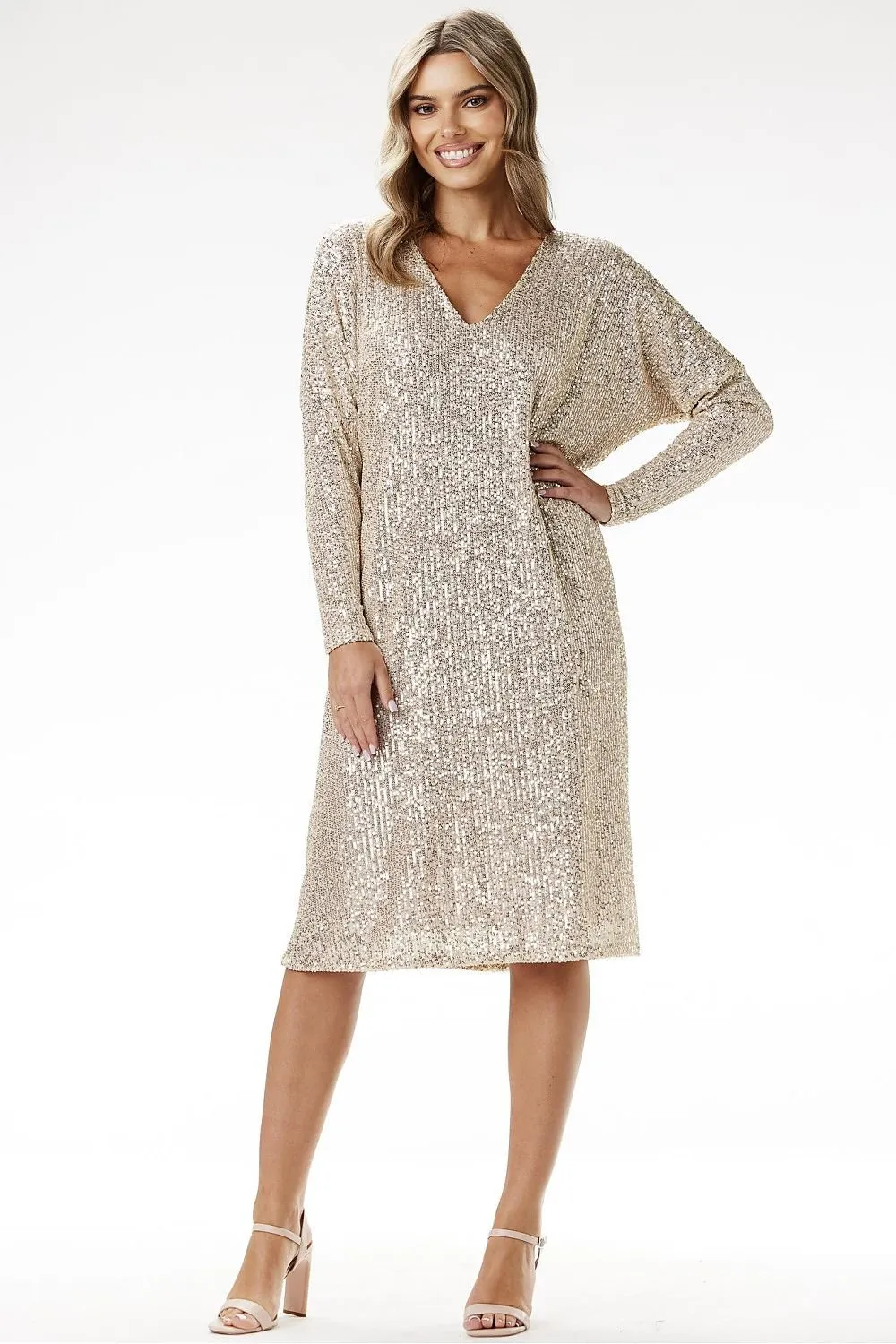 Long sleeves sequin trapeze cut evening dress