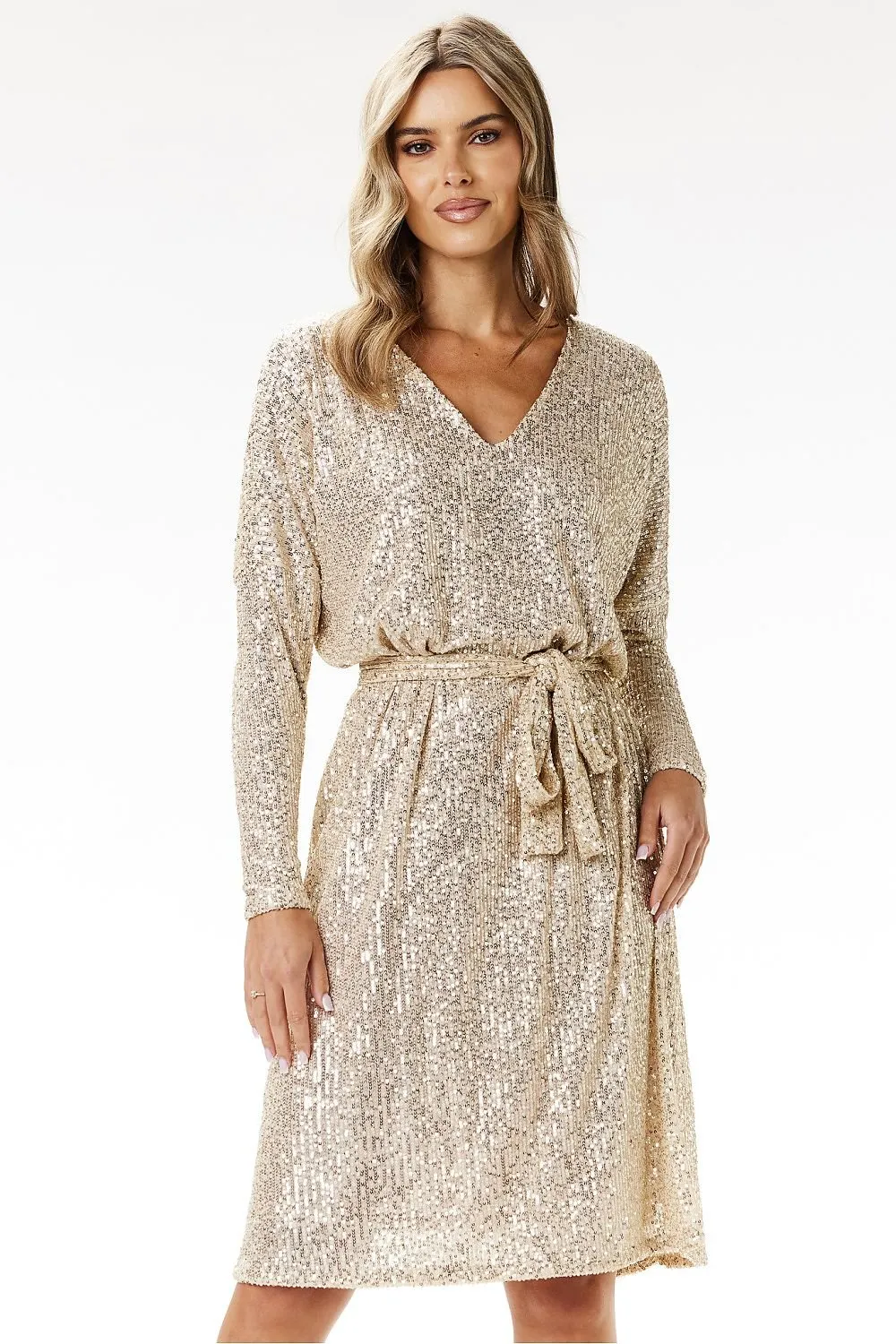 Long sleeves sequin trapeze cut evening dress