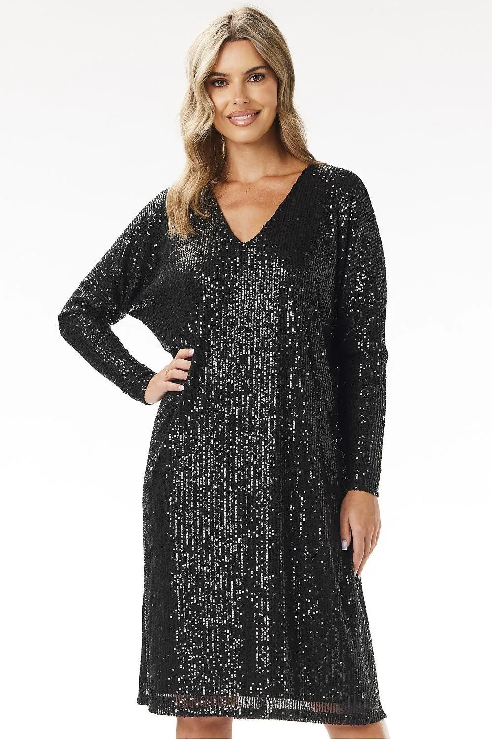 Long sleeves sequin trapeze cut evening dress