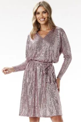 Long sleeves sequin trapeze cut evening dress