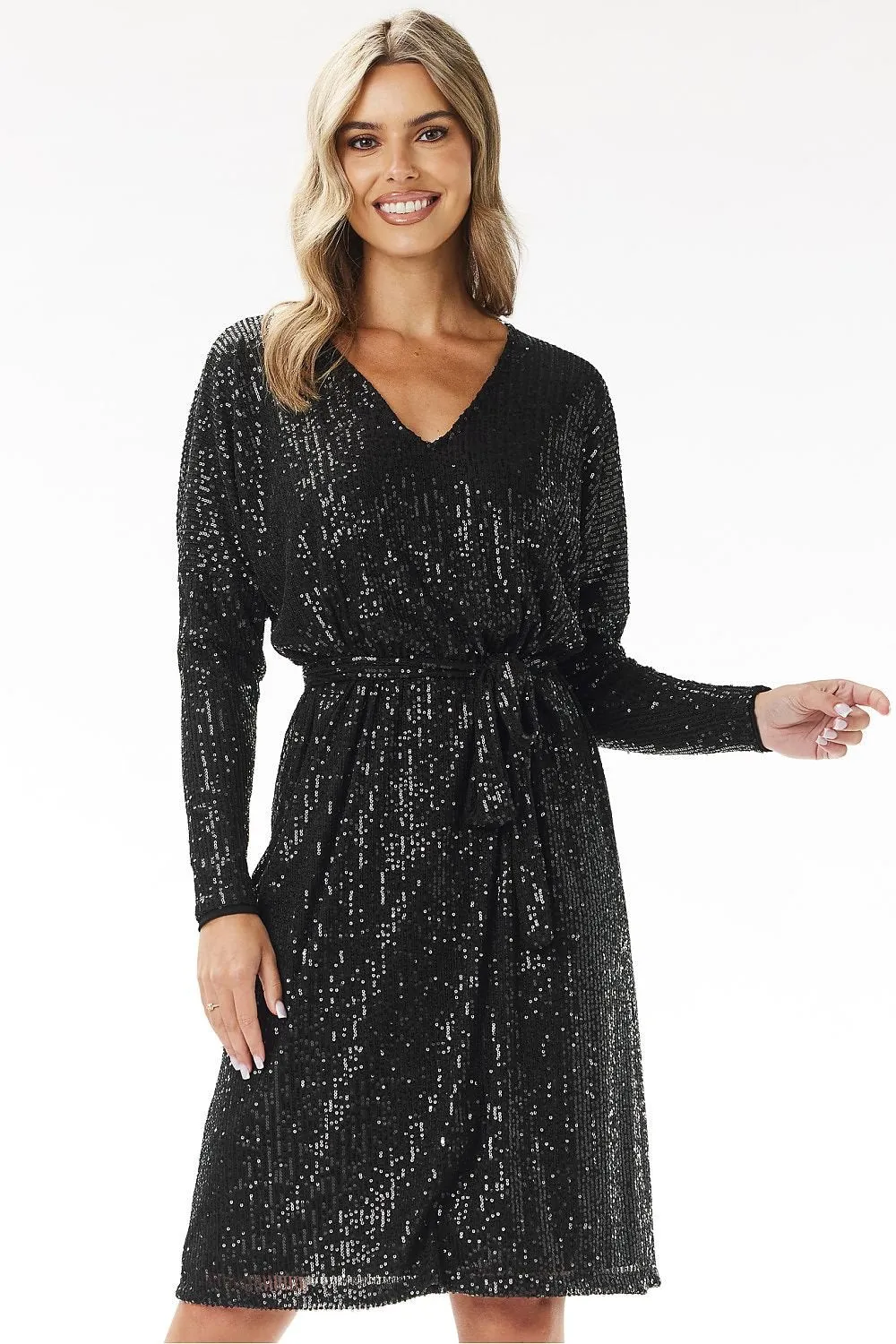 Long sleeves sequin trapeze cut evening dress