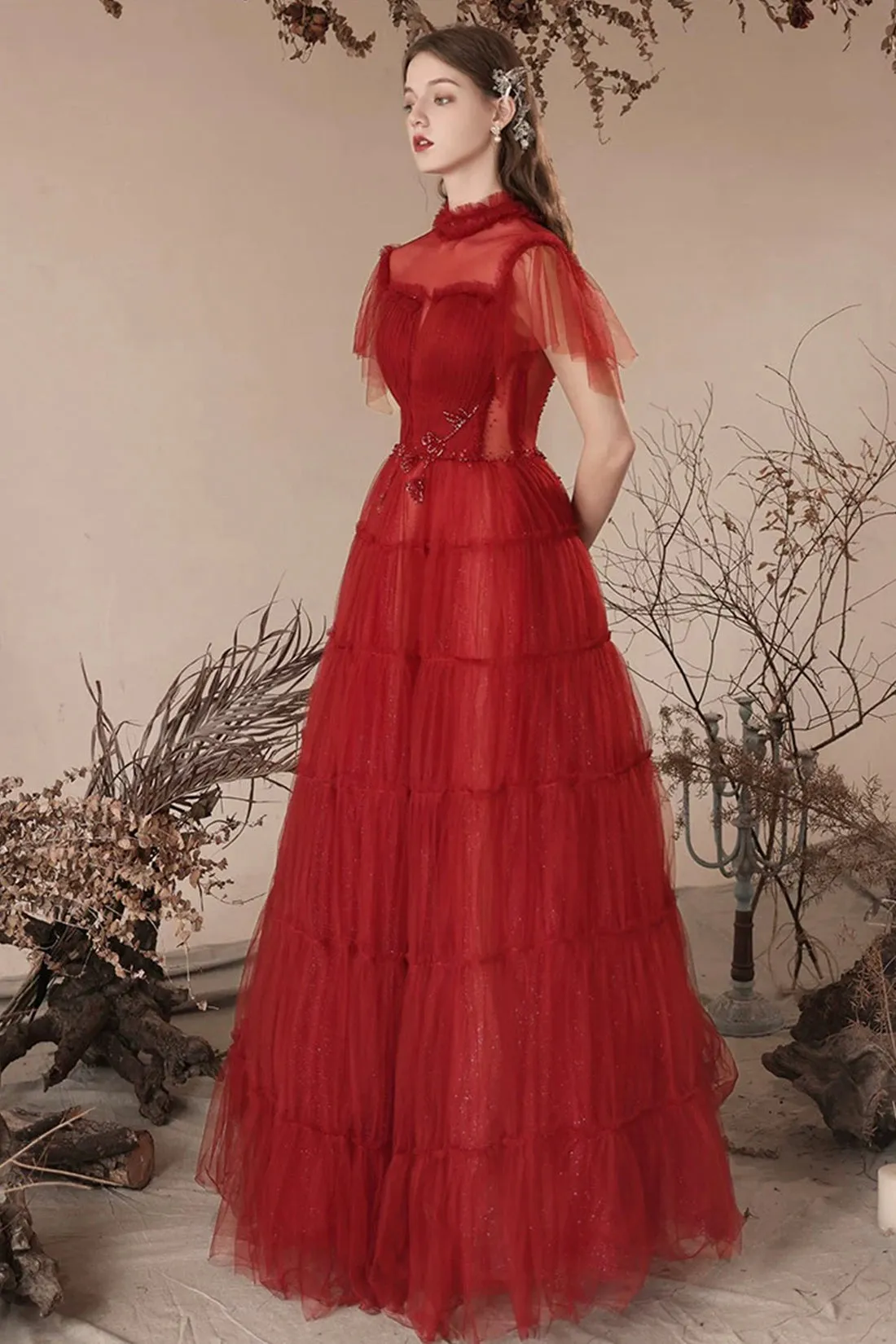Lovely Tulle Beaded Floor Length Prom Dress, Beautiful Dark Red A-Line Evening Dress