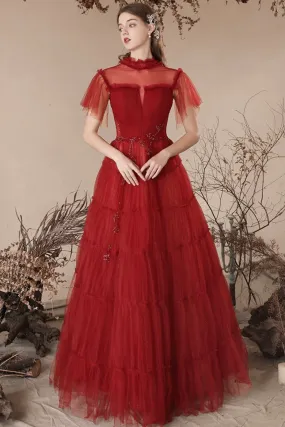 Lovely Tulle Beaded Floor Length Prom Dress, Beautiful Dark Red A-Line Evening Dress