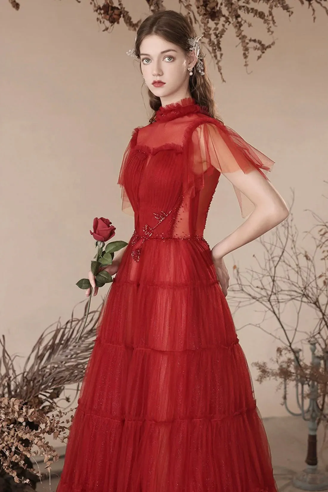 Lovely Tulle Beaded Floor Length Prom Dress, Beautiful Dark Red A-Line Evening Dress