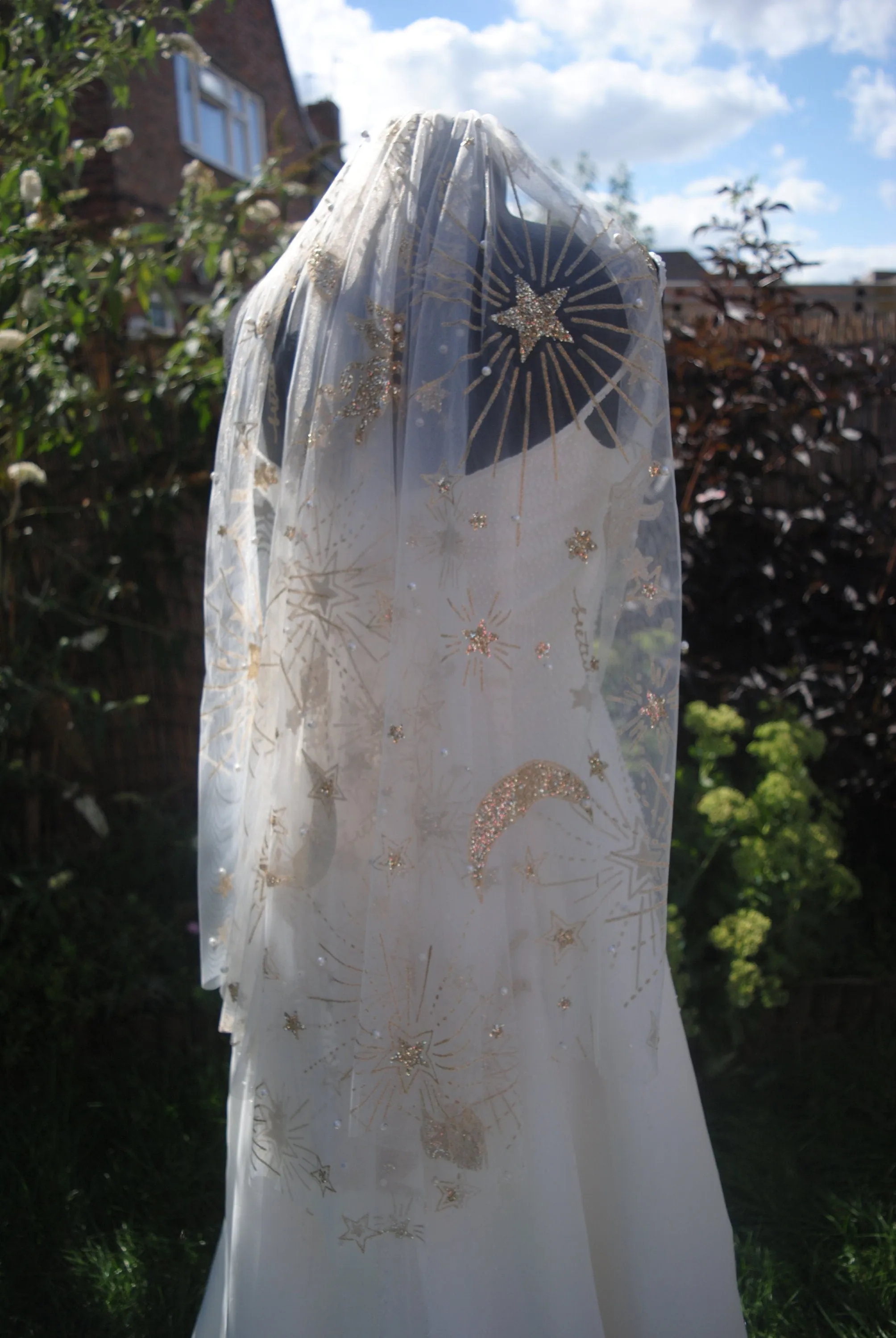 Luxury Celestial Wedding Cape or Veil - Gold Glitter and Pearl Veil or Cape