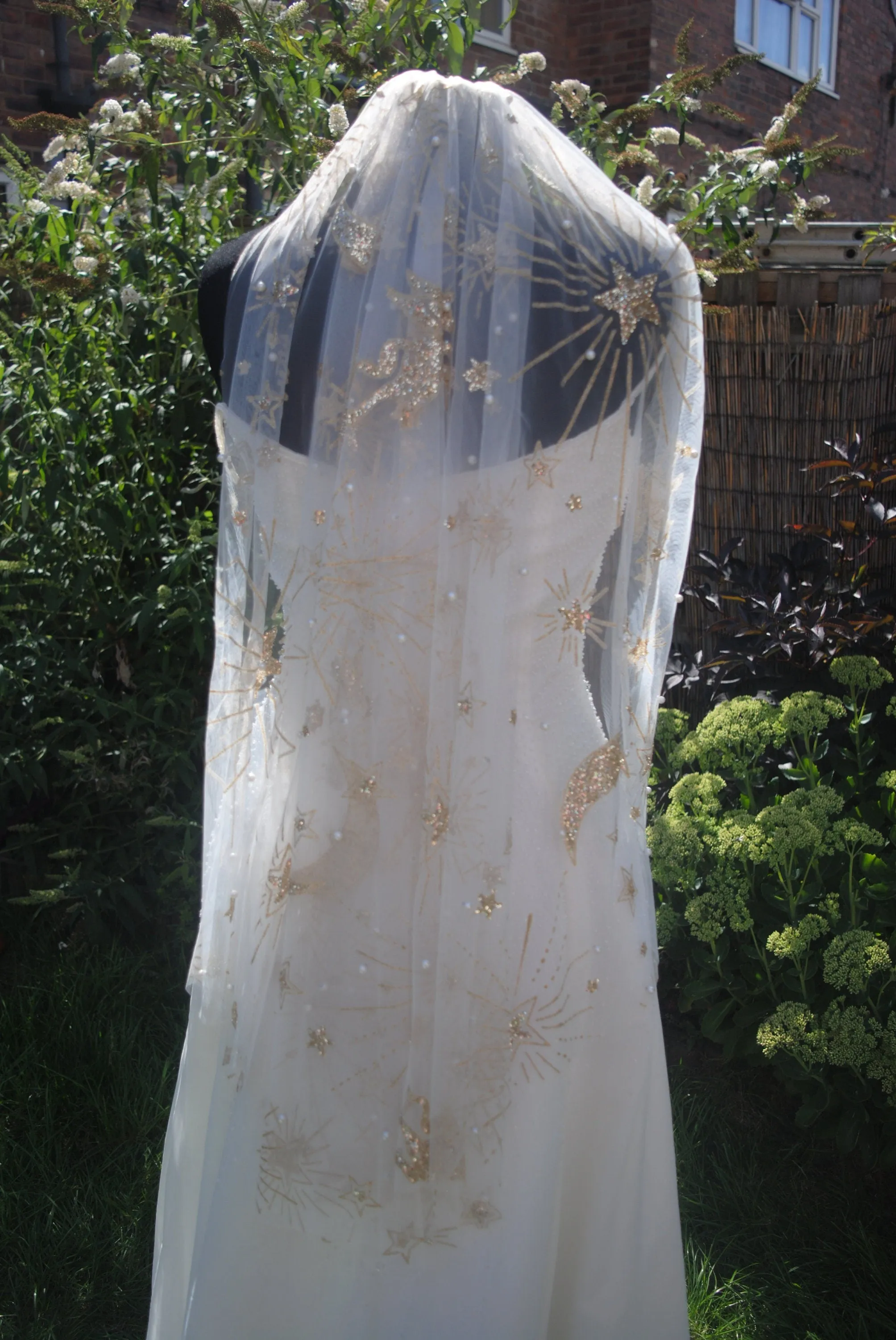 Luxury Celestial Wedding Cape or Veil - Gold Glitter and Pearl Veil or Cape